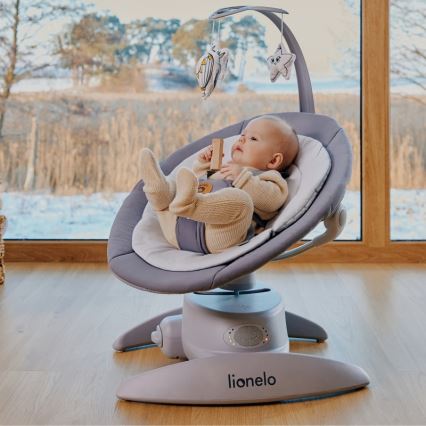 Lionelo - Bērnu šūpuļkrēsls ar melodiju MELL Grey Stone 4xAA + tālvadības pults