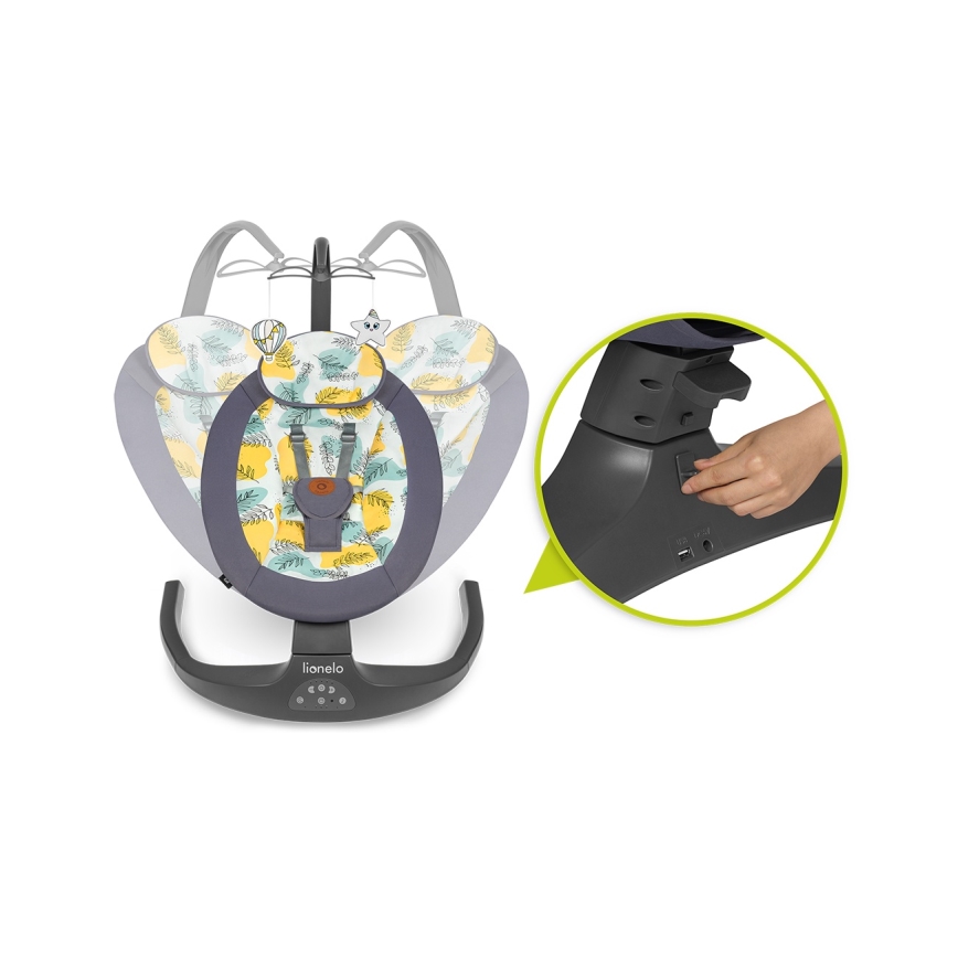 Lionelo - bērnu šūpuļkrēsls ar melodiju RALF 4xAA Grey Concrete + tālvadības pults