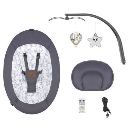 Lionelo - Bērnu šūpuļkrēsls ar melodiju RALF, 4xAA, pelēks/balts, ar tālvadības pulti