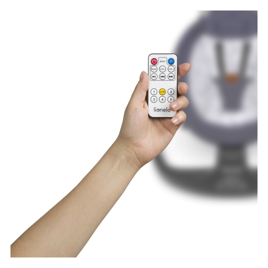 Lionelo - Bērnu šūpuļkrēsls ar melodiju RALF, 4xAA, pelēks/balts, ar tālvadības pulti