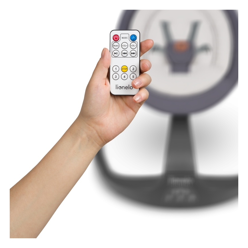 Lionelo - Bērnu šūpuļkrēsls ar melodiju RINA, 4xAA, betona pelēks + tālvadības pults