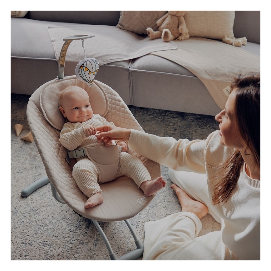 Lionelo - Bērnu šūpuļkrēsls RIO ar melodiju, 4xC, Beige Latte + tālvadība