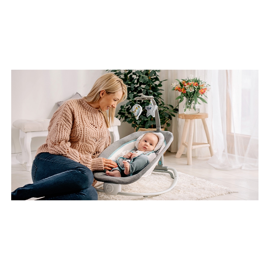 Lionelo - Bērnu vibrējošs šūpuļkrēsls ar melodiju PASCAL 2xAA pelēks/tirkīzs