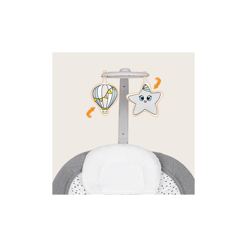 Lionelo - Bērnu vibrējošs šūpuļkrēsls ar melodiju PASCAL, darbināms ar 2xAA, pelēks