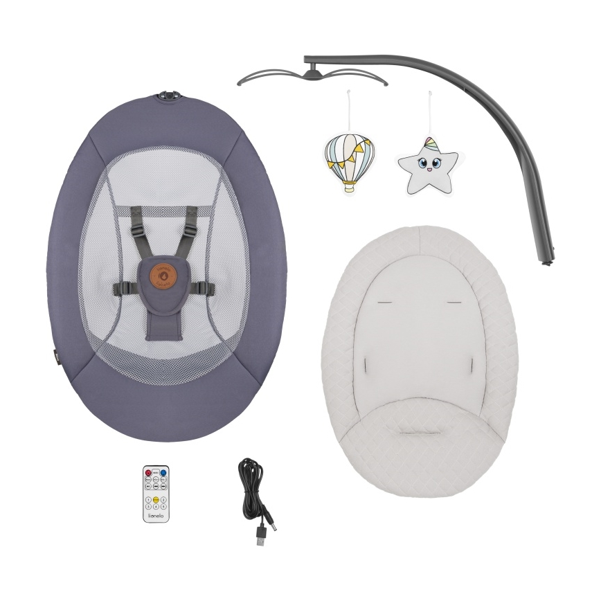 Lionelo - RALF bērnu šūpuļkrēsls ar melodiju 4xAA Grey Graphite + ar tālvadības pulti