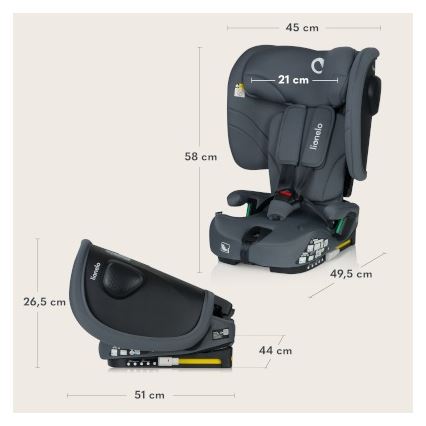 Lionelo - Salokāms bērnu autosēdeklis NELLY i-Size 76-150 cm grafīta pelēks