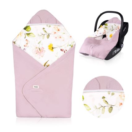 Lionelo - TRAVEL SWADDLE ietinamā sega autokrēsliņam 90x90 cm, rozā ar ziedu rakstu