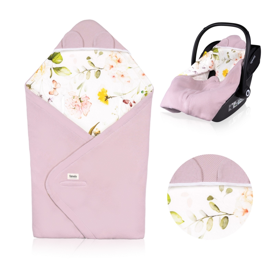 Lionelo - TRAVEL SWADDLE ietinamā sega autokrēsliņam 90x90 cm, rozā ar ziedu rakstu
