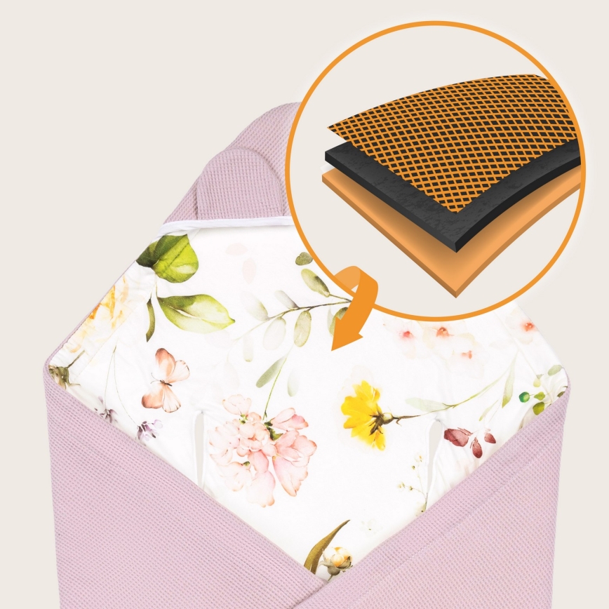 Lionelo - TRAVEL SWADDLE ietinamā sega autokrēsliņam 90x90 cm, rozā ar ziedu rakstu