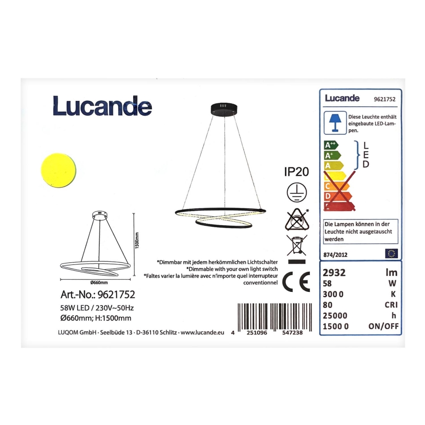 Lucande - LED Aptumšojama lustra ar auklu MIRASU LED/58W/230V