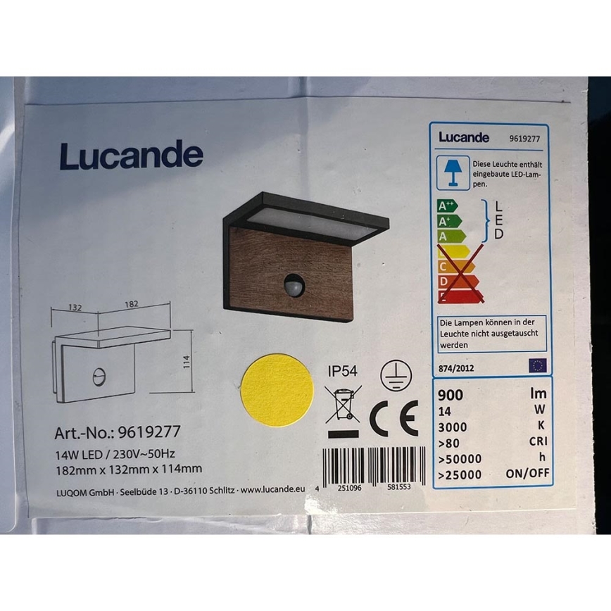 Lucande - LED Āra sienas lampa ar sensoru LIGNUS LED/14W/230V IP54