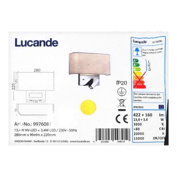 Lucande - LED sienas lampa VIRVE LED/13,4W/230V + LED/3,4W/230V