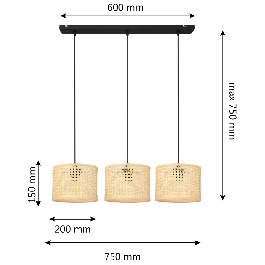 Lustra ar auklu ALBA 3xE27/15W/230V rotanga/melna