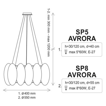 Lustra ar auklu AURORA 8xE27/60W/230V