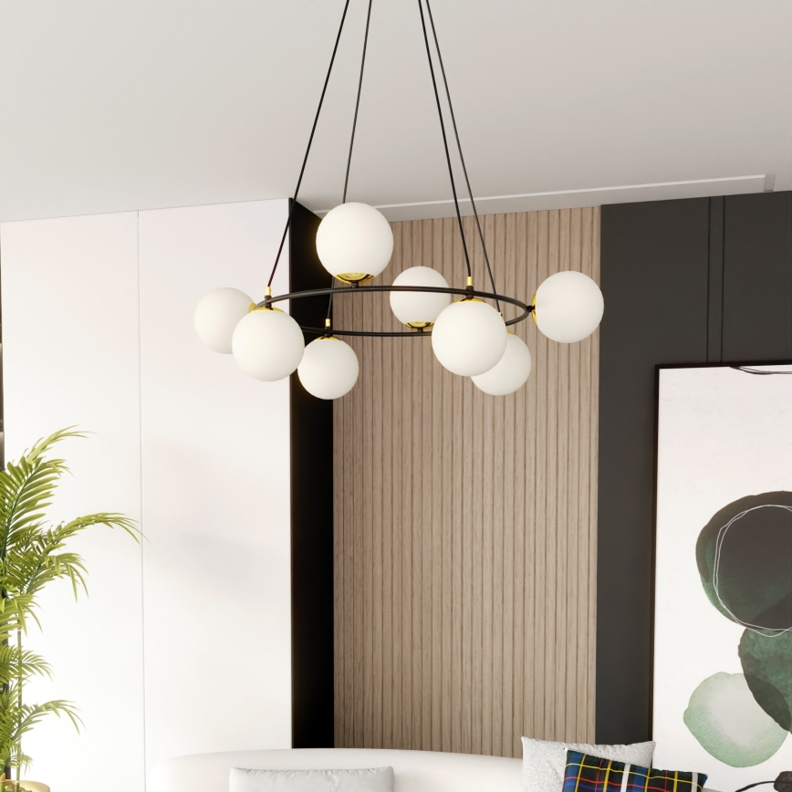 Lustra ar auklu AZURA 8xE14/10W/230V melna/balta