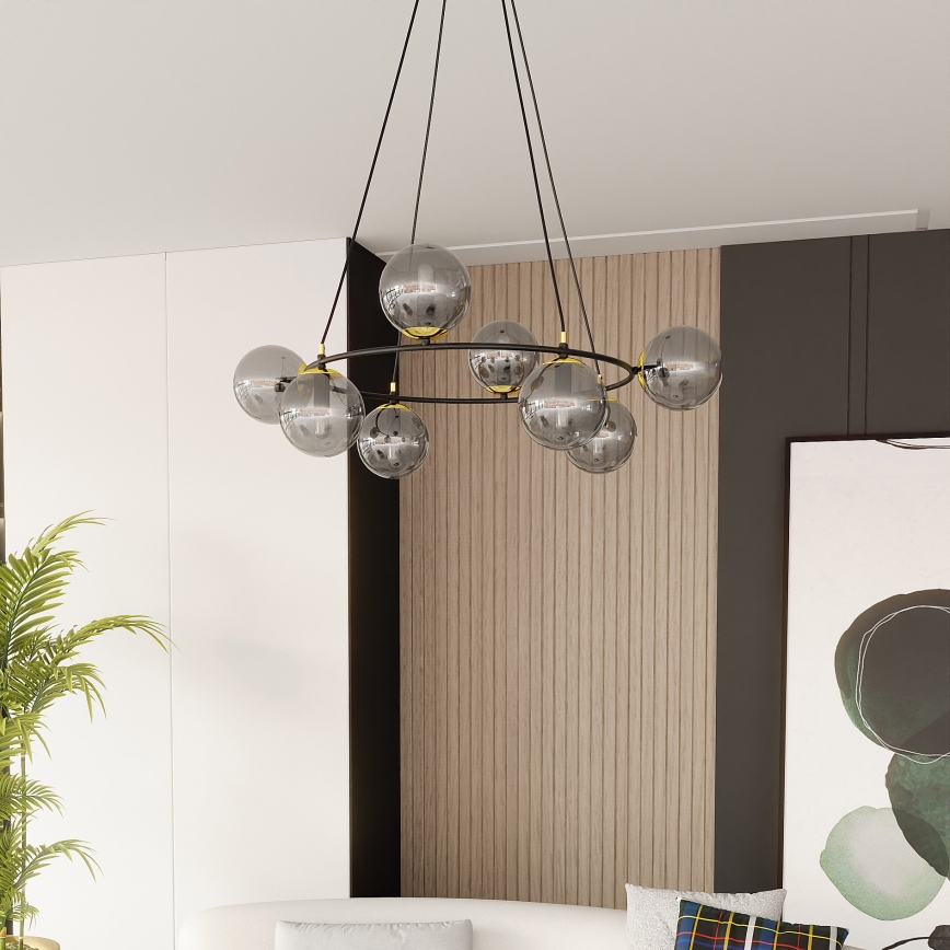 Lustra ar auklu AZURA 8xE14/10W/230V melna/pelēka