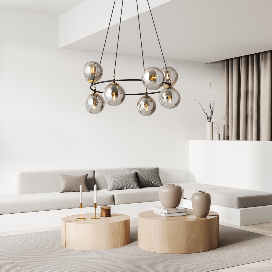 Lustra ar auklu AZURA 8xE14/10W/230V melna/pelēka