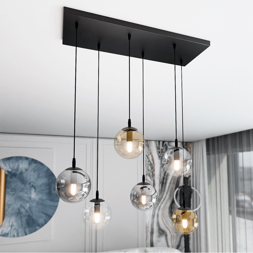 Lustra ar auklu COSMO 6xE14/10W/230V melna/pelēka/bēša/caurspīdīga