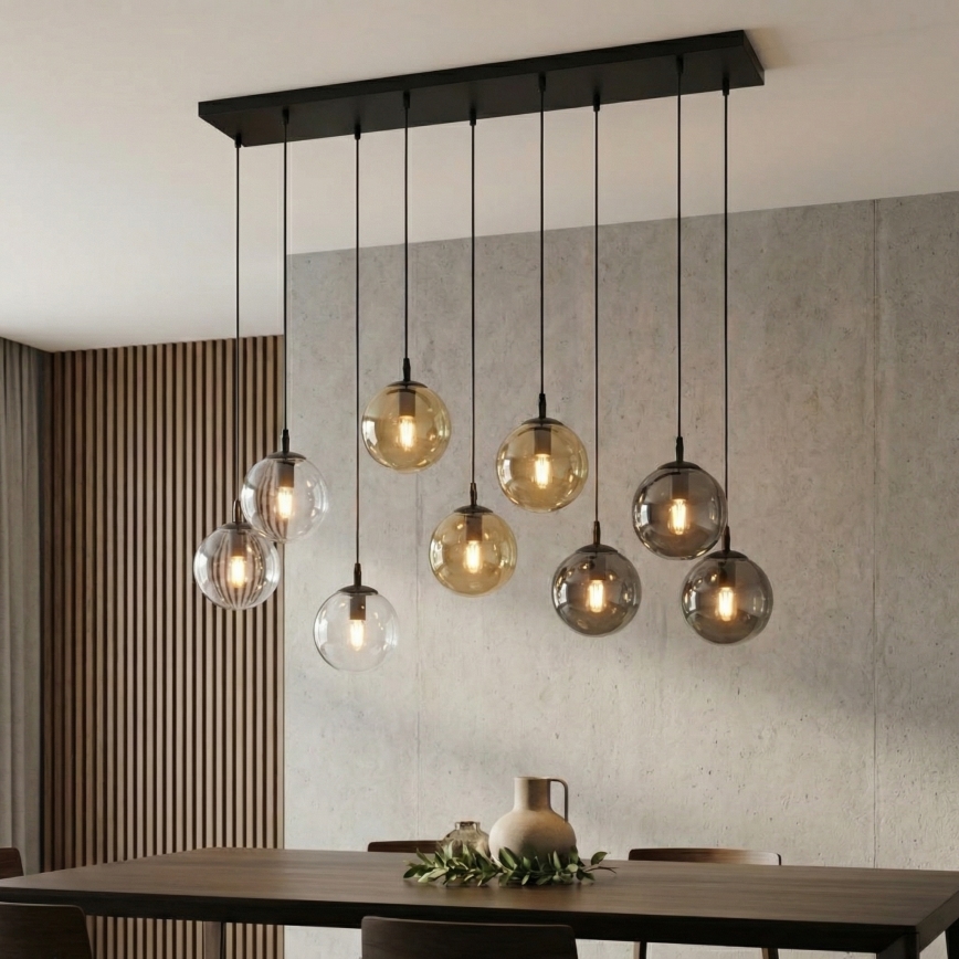 Lustra ar auklu COSMO 9xE14/10W/230V melna/pelēka/bēša/caurspīdīga