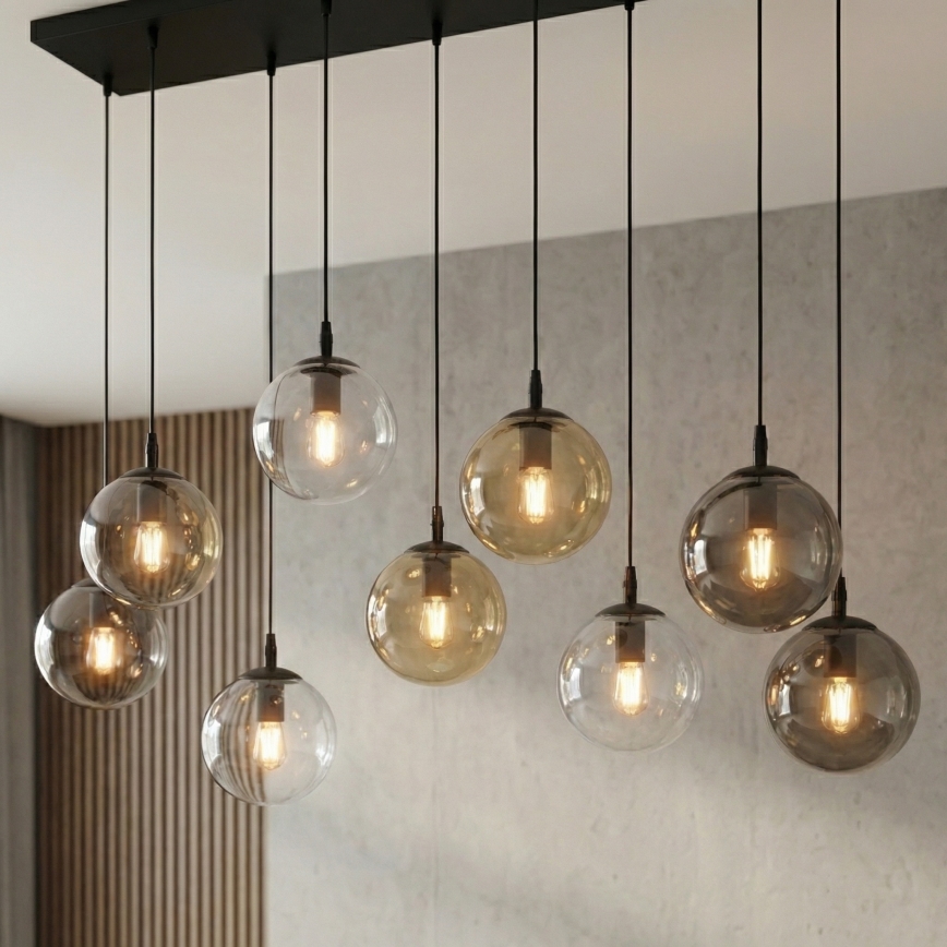 Lustra ar auklu COSMO 9xE14/10W/230V melna/pelēka/bēša/caurspīdīga