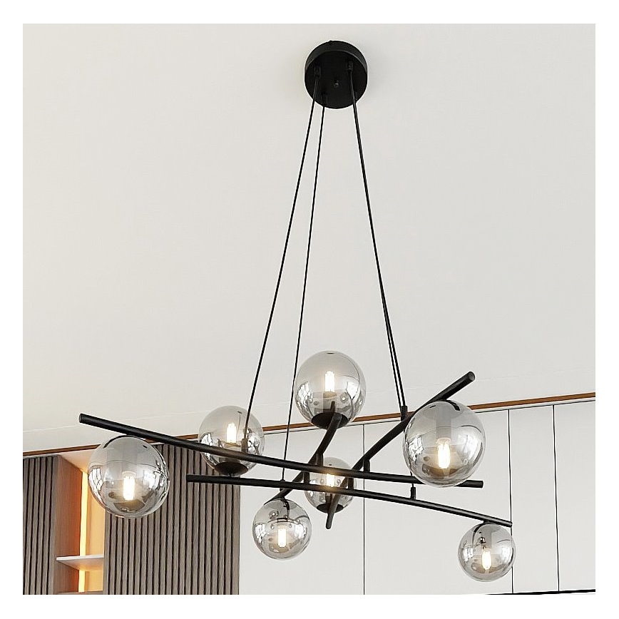 Lustra ar auklu ESSA 8xE14/10W/230V melna/dūmakains