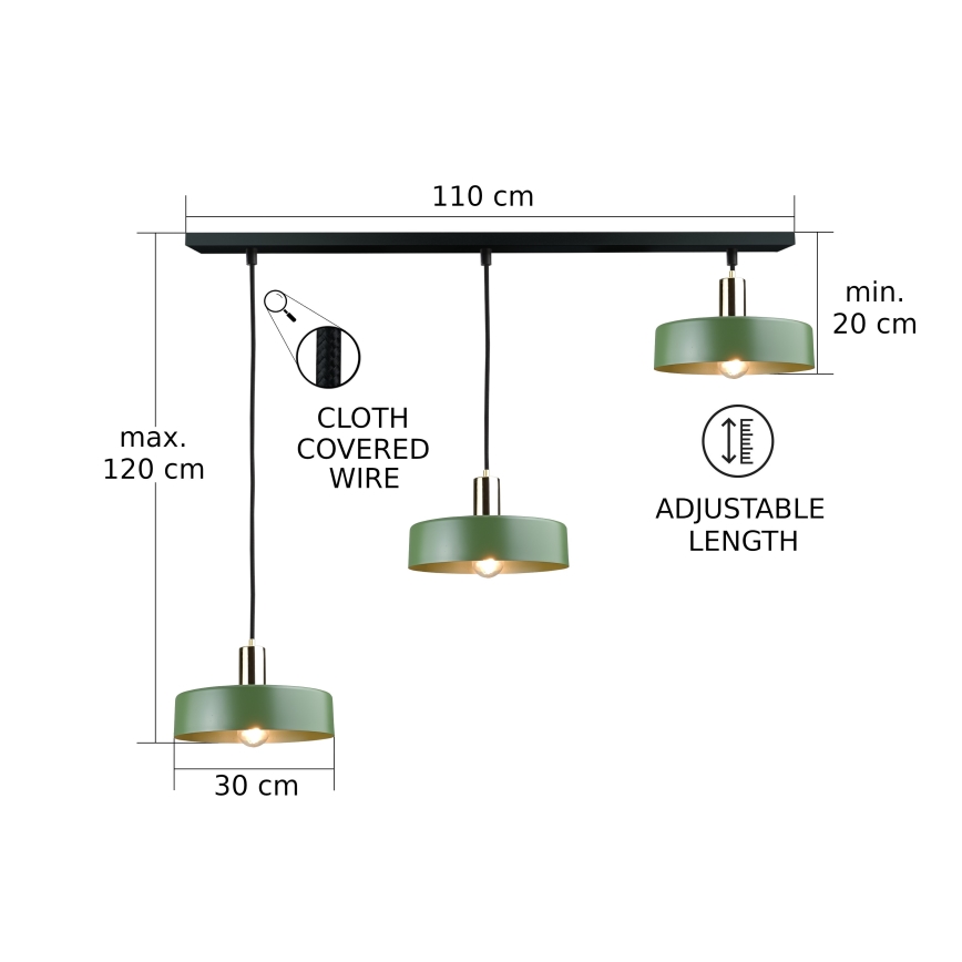 Lustra ar auklu HAKI 3xE27/60W/230V zaļa/melna/spīdīgi hromēts