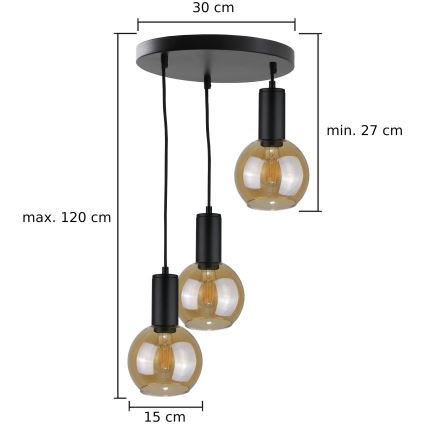 Lustra ar auklu JANTAR BLACK 3xE27/60W/230V d. 30 cm