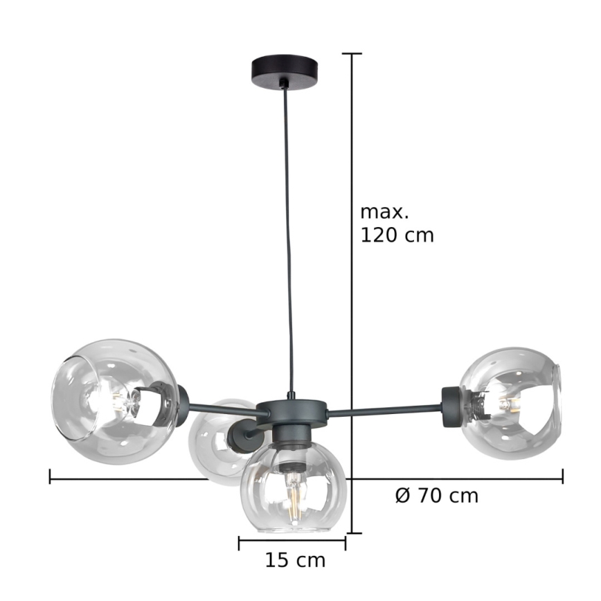 Lustra ar auklu KALIOPE 4xE27/60W/230V melna/caurspīdīga