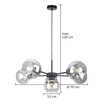 Lustra ar auklu KALIOPE 6xE27/60W/230V melna/caurspīdīga