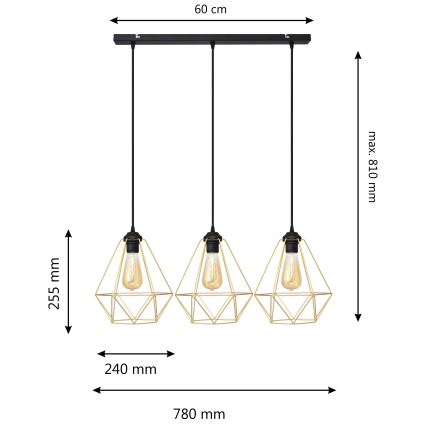 Lustra ar auklu KARO 3xE27/15W/230V zelta/melna