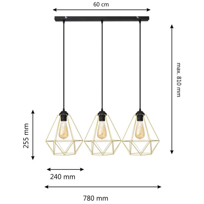 Lustra ar auklu KARO 3xE27/15W/230V zelta/melna