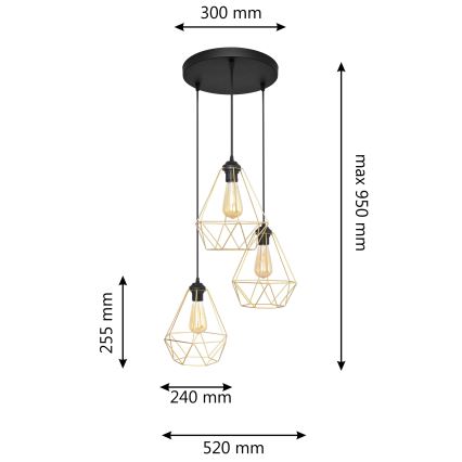 Lustra ar auklu KARO 3xE27/15W/230V zelta/melna