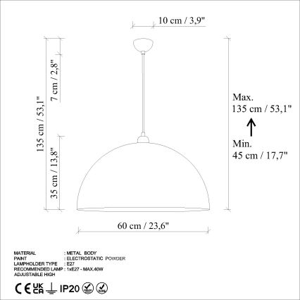 Lustra ar auklu KURE 1xE27/40W/230V d. 60 cm pelēka