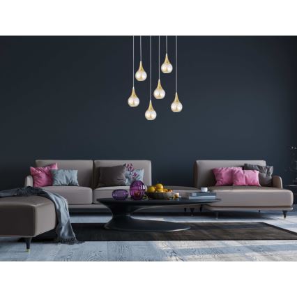 Lustra ar auklu LACRIMA HONEY 6xE27/60W/230V balta/zelta/dūmakains bēša