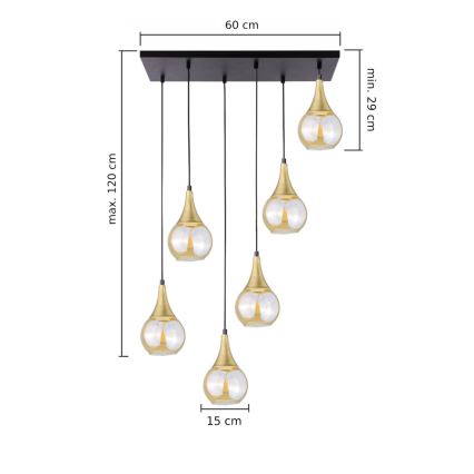 Lustra ar auklu LACRIMA HONEY 6xE27/60W/230V melna/zelta/dūmakains bēša