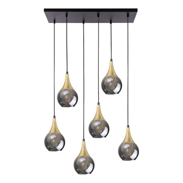 Lustra ar auklu LACRIMA SMOKY 6xE27/60W/230V melna/zelta/dūmakains melna