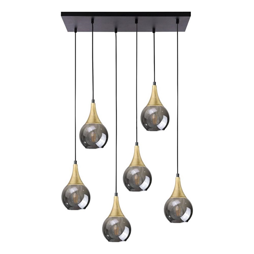 Lustra ar auklu LACRIMA SMOKY 6xE27/60W/230V melna/zelta/dūmakains melna
