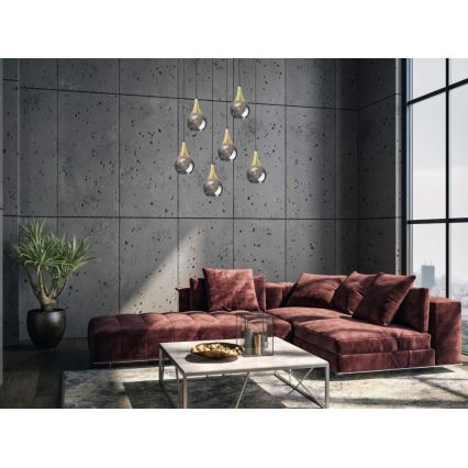 Lustra ar auklu LACRIMA SMOKY 6xE27/60W/230V melna/zelta/dūmakains melna