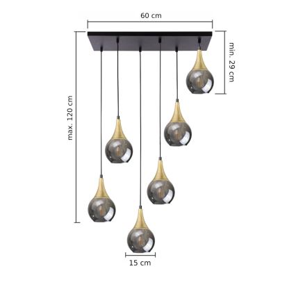 Lustra ar auklu LACRIMA SMOKY 6xE27/60W/230V melna/zelta/dūmakains melna