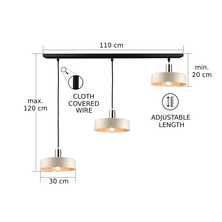 Lustra ar auklu LATTE 3xE27/60W/230V bēša/melna/spīdīgi hromēts
