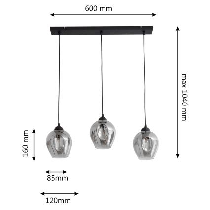 Lustra ar auklu LILI 3xE27/15W/230V melna/pelēka