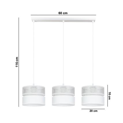 Lustra ar auklu LIMA 3xE27/60W/230V sudraba/balta