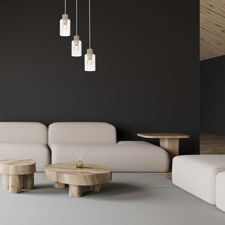 Lustra ar auklu MADERA 3xE27/60W/230V balta/koks