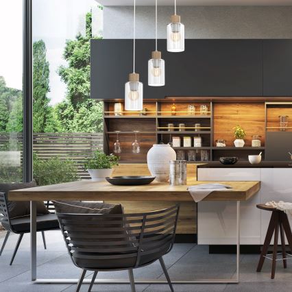 Lustra ar auklu MADERA 3xE27/60W/230V balta/koks