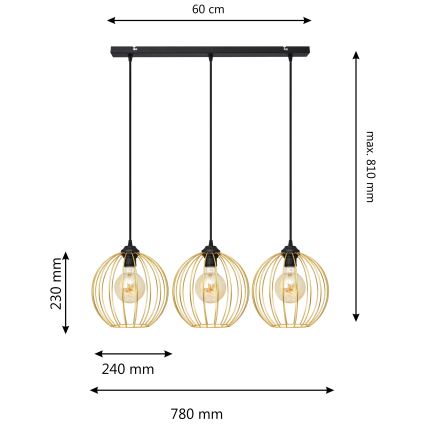 Lustra ar auklu MERCURE 3xE27/15W/230V zelta/melna