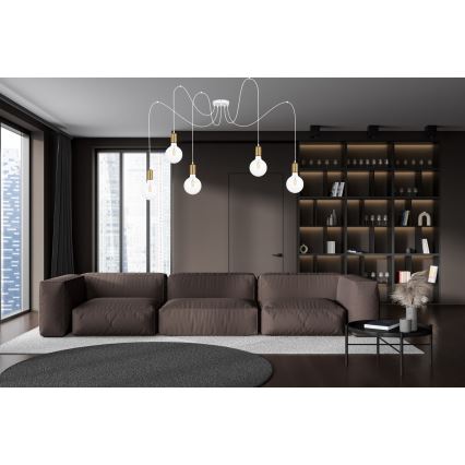 Lustra ar auklu MIROS 5xE27/60W/230V zirneklis balta/zelta