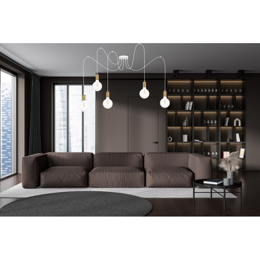 Lustra ar auklu MIROS 5xE27/60W/230V zirneklis balta/zelta