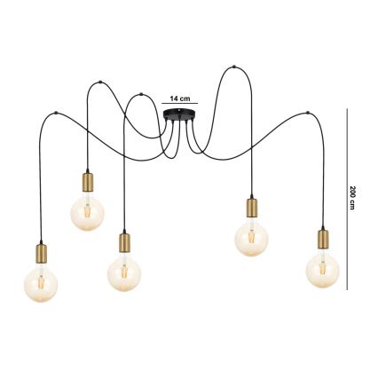 Lustra ar auklu MIROS 5xE27/60W/230V zirneklis melna/zelta