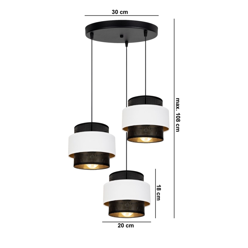 Lustra ar auklu NESS 3xE27/60W/230V d. 45 cm melna/balta
