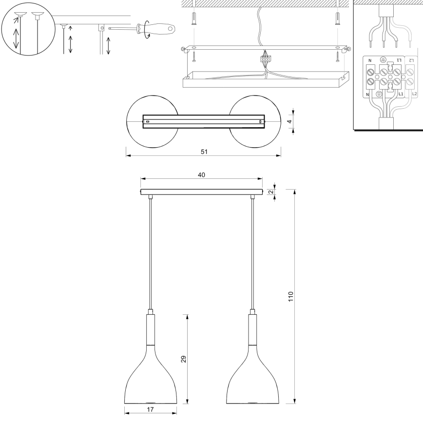 Lustra ar auklu NOAK 2xE27/15W/230V melna/spīdīgi hromēts
